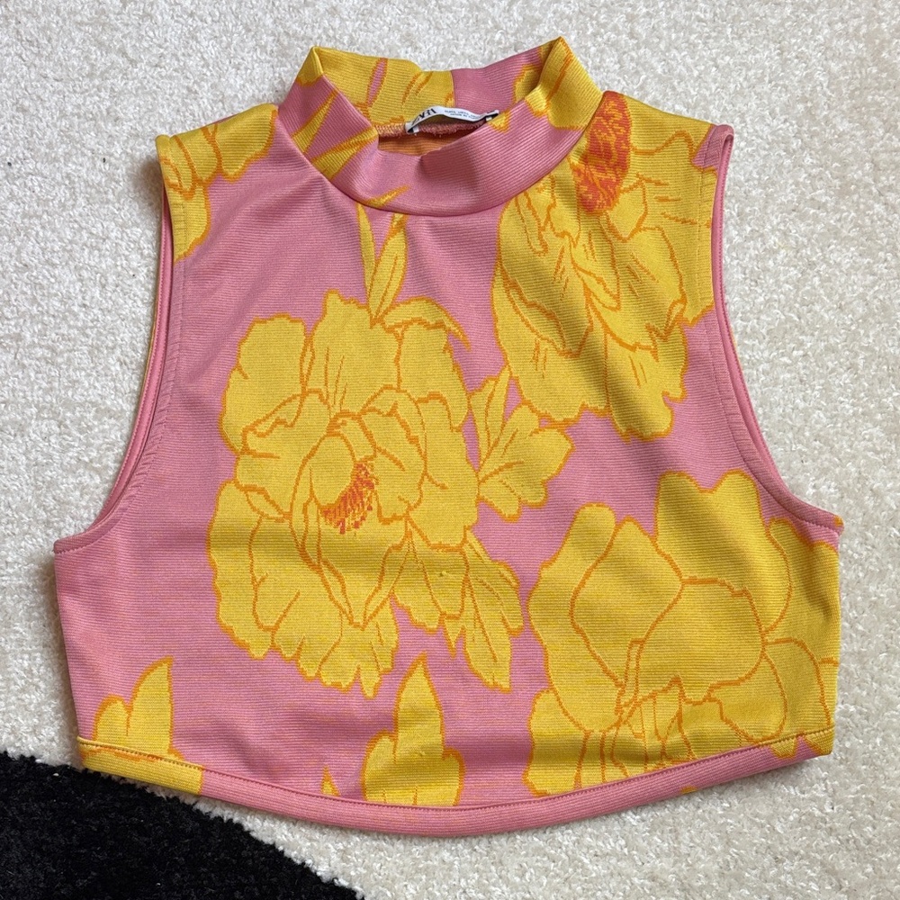 Zara Floral Pink and Yellow Sleeveless Top